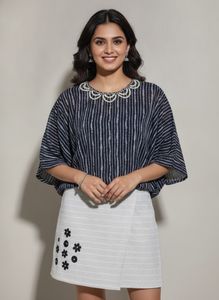 Chic Striped Kurta Set with Embellished Neckline