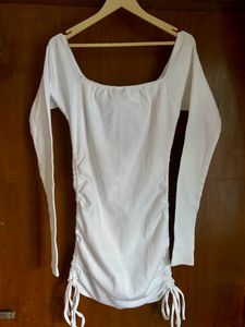 Ruched White Long Sleeve Mini Dress