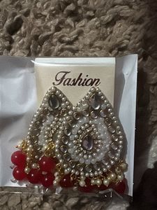 Elegant Dangle Earrings with Pearls &amp; Red Beads