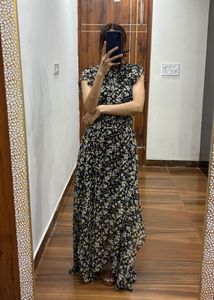 Yellow Ditsy Floral Layered Cut Maxi Dress