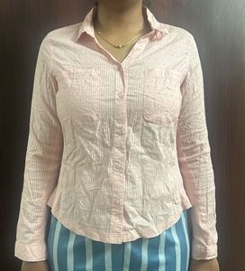 Chic Peach Striped Button-Up Shirt