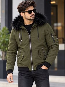 Green Bomber Jacket with Fur Hood