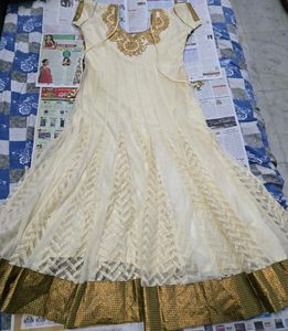 Heavy Work Cream Anarkali Set with Gold Embroidery