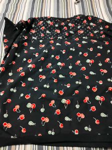 Cute Cherry Print Black Top