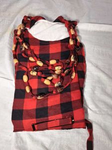 Red Plaid Tunic with Beaded Necklace