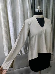Beige Choker Neck Long Sleeve Blouse