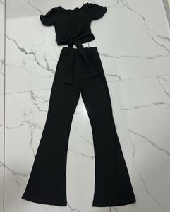 Black Ribbed Crop Top &amp; Flare Pants Set