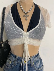 Sheer Polka Dot Ruched Crop Top