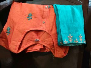 Embroidered Orange Kurta with Teal Dupatta