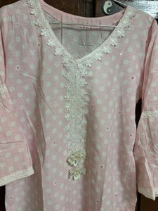 Pink Polka Dot Kurta set with organza dupatta