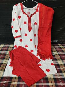 White Kurta Set with Red Hearts
