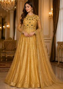 Gold  Anarkali Gown with dupatta and paijama