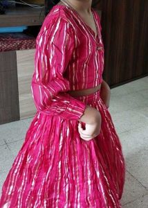 Pink &amp; Gold Striped Lehenga Choli Set