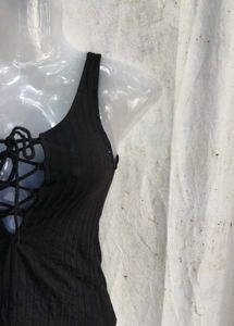 Black Lace-Up Ribbed Tank Top