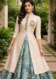 Ivory Silk Anarkali with Brocade Skirt