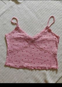 New look Pink Heart Print Lace Trim Cami Top