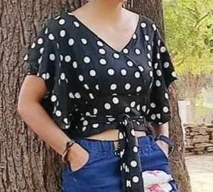 Black &amp; White Polka Dot Wrap Top - V Neck Tie Up,
