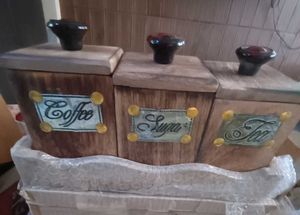 Wooden  Coffee, Sugar, Tea Canisters Set