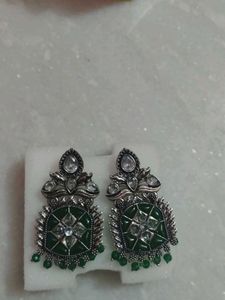 silver oxidised green earrings
