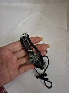 y2k , Black Leather Bracelet with Leaf Charm