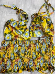 Yellow Floral Tie-Up Bikini Top