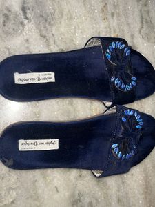 Chic Blue Velvet Bow Slides