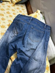 Distressed Blue Wash Wide Leg Jeans
