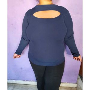 Navy Blue Cutout Long Sleeve Top