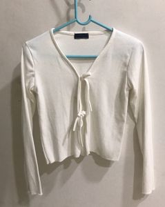 Korean Style White Bow Tying Slit Top