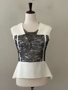 Zara White Peplum Top with Black Lace Overlay