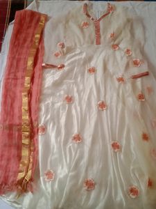 Offwhite Net And Silk Gown With Duppata