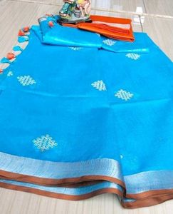 BRAND NEW linen blue Saree with Orange Blouse