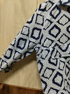 White With Blue ikat print Long Kurti