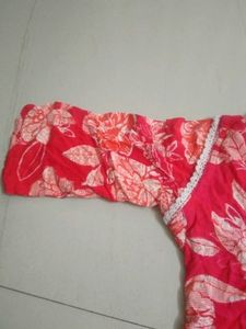 Red Floral Kurta with Embellished Neckline