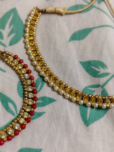 Set of 2 ~ Red &amp; Gold Pearl Necklaces