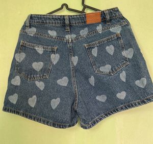 Cute Heart Print Denim Shorts