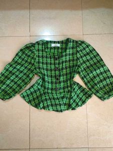 Korean Green Plaid Peplum Top 🛍️🌲🌾🦚🍈🧃🛤️🗺️