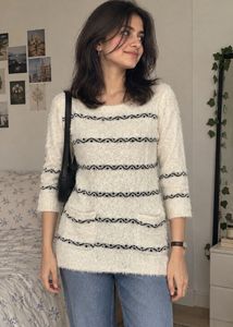 Cozy White Knit woolen dress with Black Detail