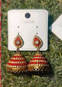 Red &amp; Gold Jhumka Earrings