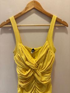 Chic Ruched Yellow Mini Dress