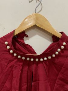 Elegant Pearl Neckline Red Blouse