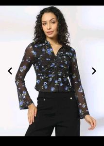 Sheer Floral Ruched Button-Up Top