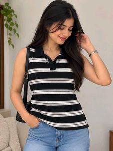 Striped Sleeveless Polo Top