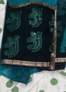Elegant Teal &amp; Black Floral Saree
