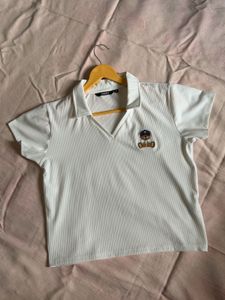 White Ribbed Collared top with Teddy Bear Pat