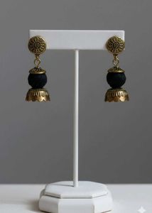 Jhumka Earrings - Black & Gold Tone