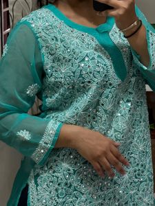 Beautiful Teal Chikankari Kurta with Mirror Work
