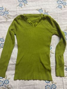 Lime Green Ribbed V-Neck Top