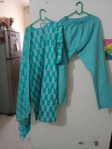 Teal Leaf Print Kurta Set with Dupatta