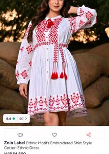 Embroidered White Dress with Belt